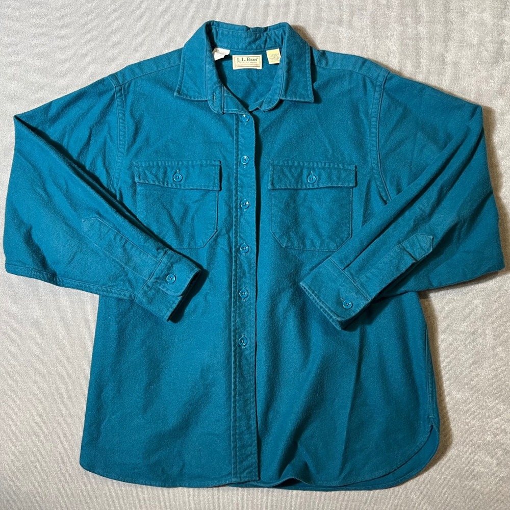 LL Bean Chamois Cloth Shirt Womens 18 Teal Blue Cotton Flannel Made in USA Q-932